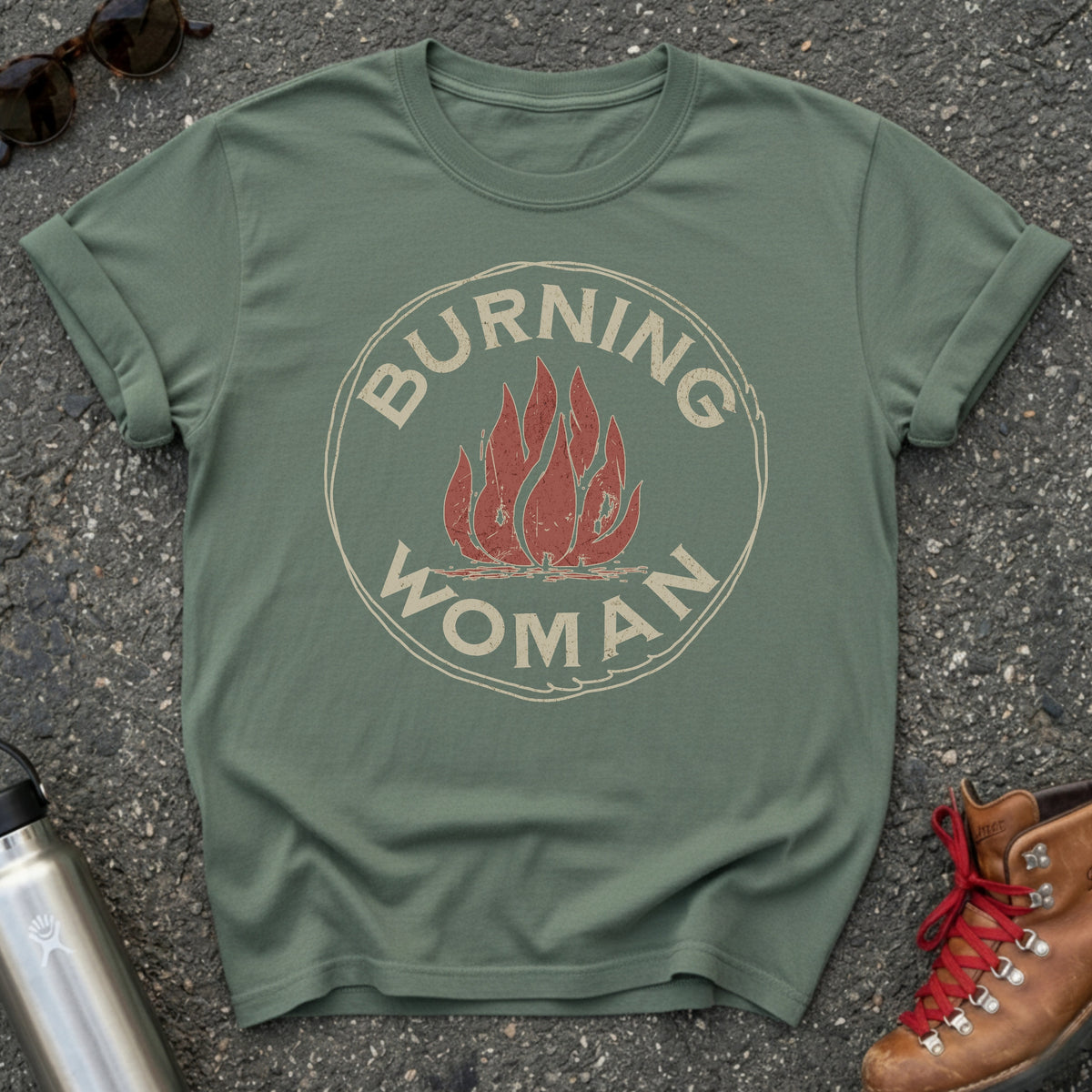 Comfort Colors t-shirt with a distressed red flame in a vintage circle badge and the words Burning Woman