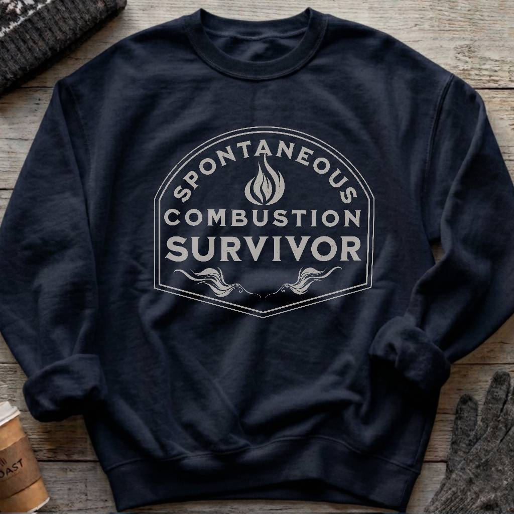 Crewneck sweatshirt with a vintage flame badge reading Spontaneous Combustion Survivor