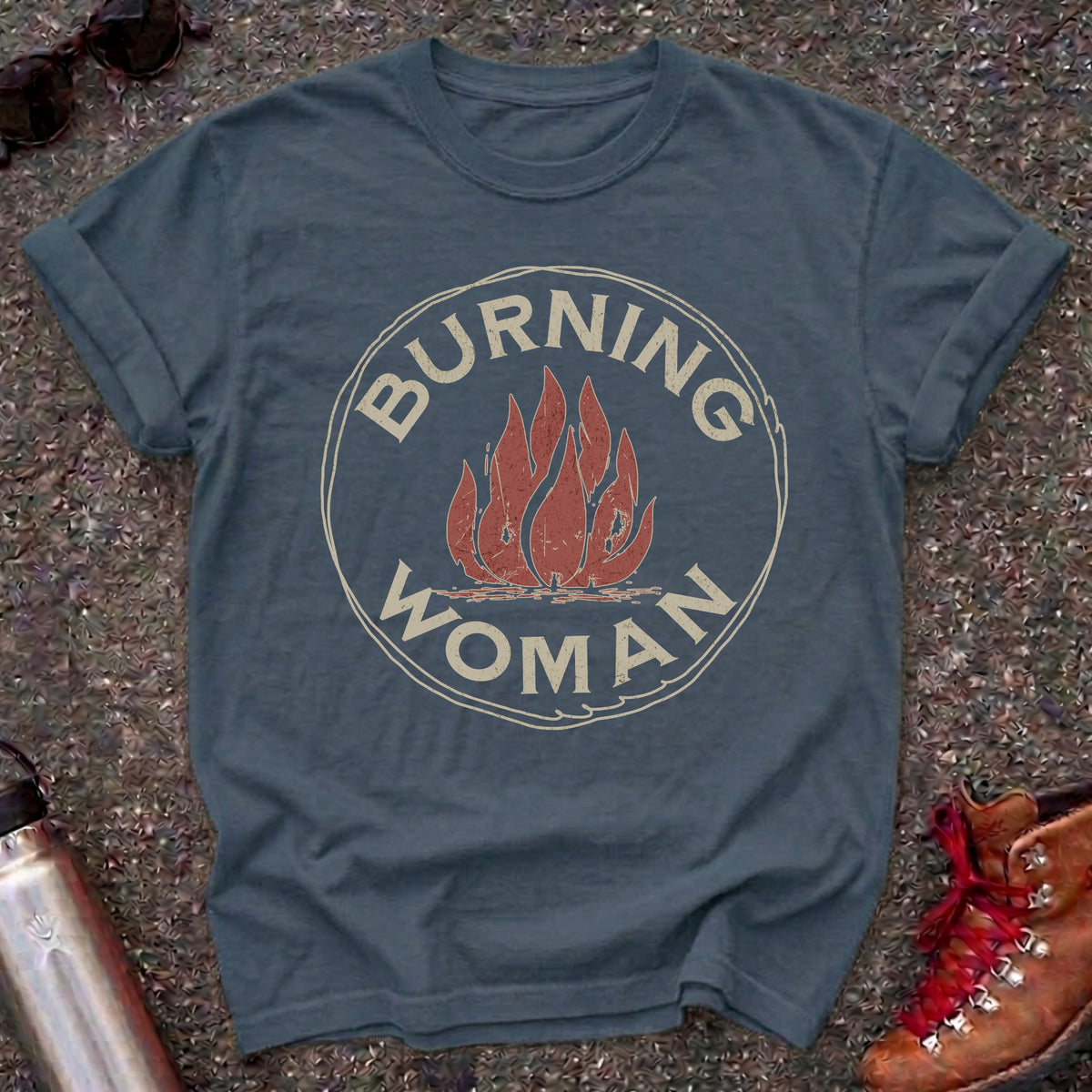 Comfort Colors t-shirt with a distressed red flame in a vintage circle badge and the words Burning Woman