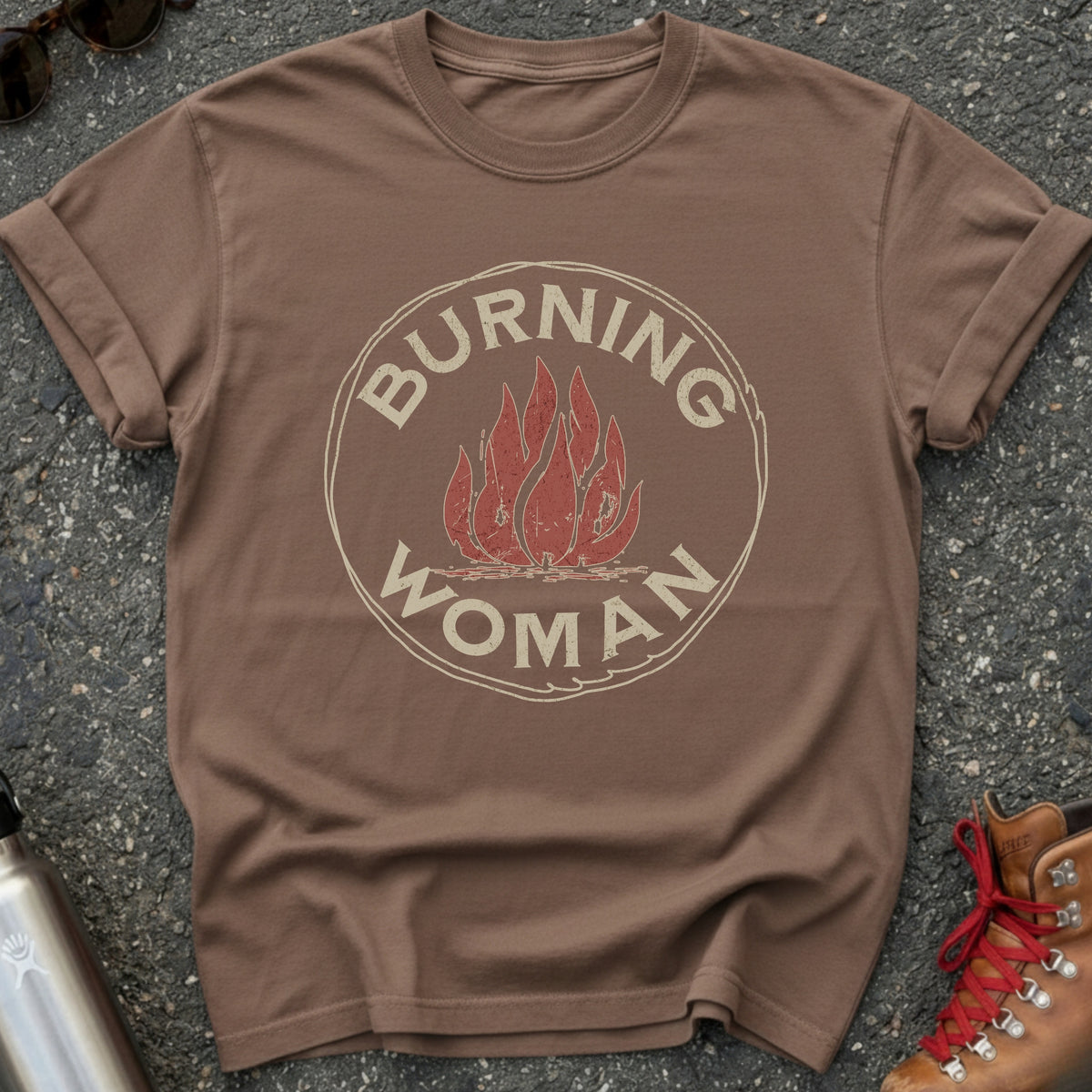 Comfort Colors t-shirt with a distressed red flame in a vintage circle badge and the words Burning Woman