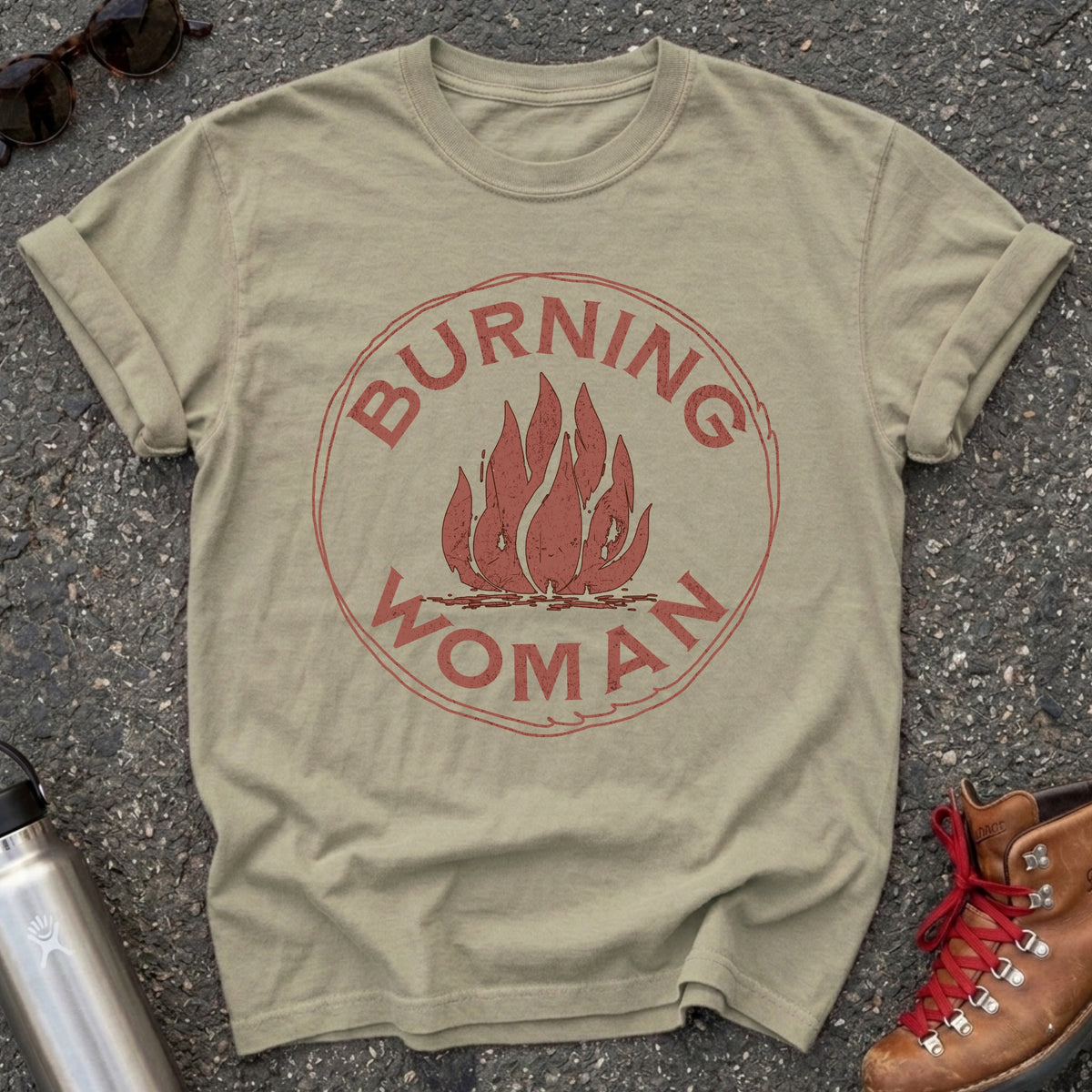 Comfort Colors t-shirt with a distressed red flame in a vintage circle badge and the words Burning Woman
