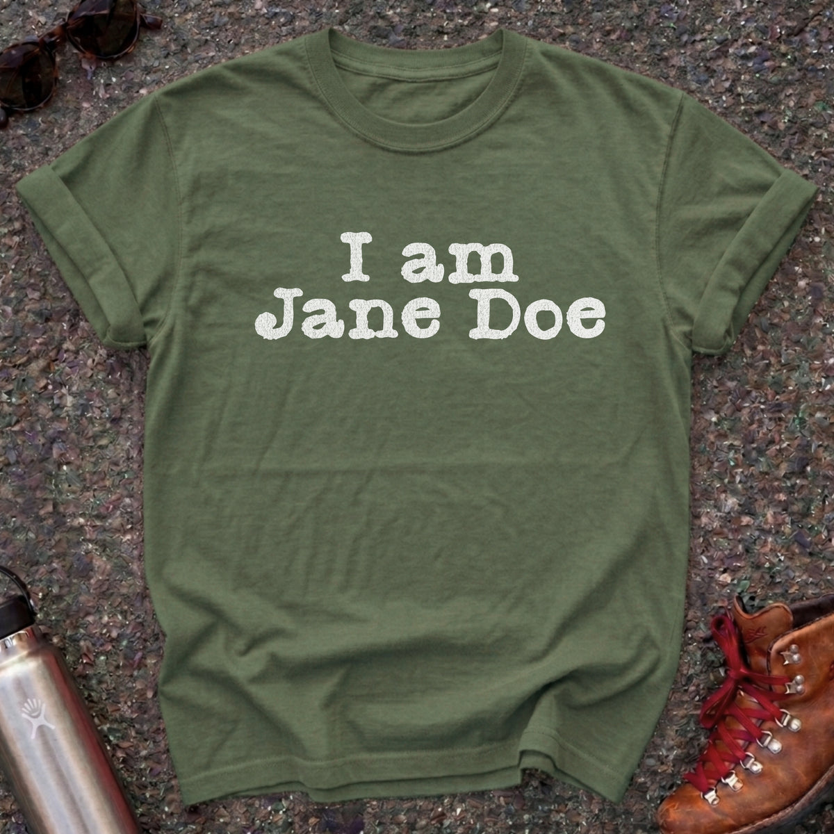 Comfort Colors t-shirt with distressed white typewriter lettering reading I am Jane Doe