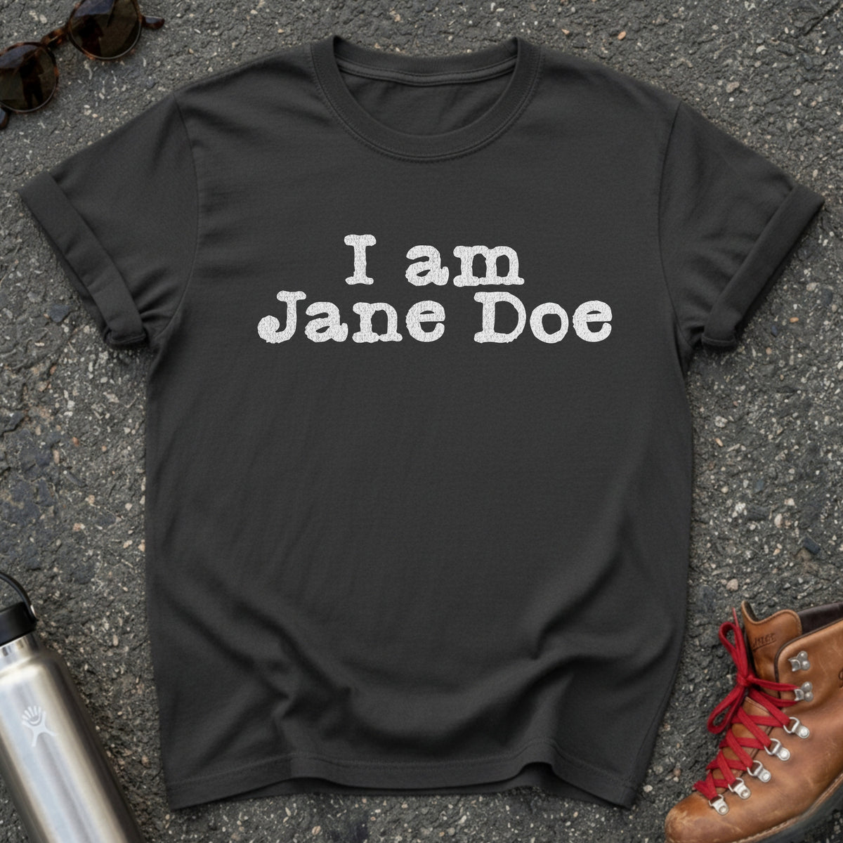 Comfort Colors t-shirt with distressed white typewriter lettering reading I am Jane Doe