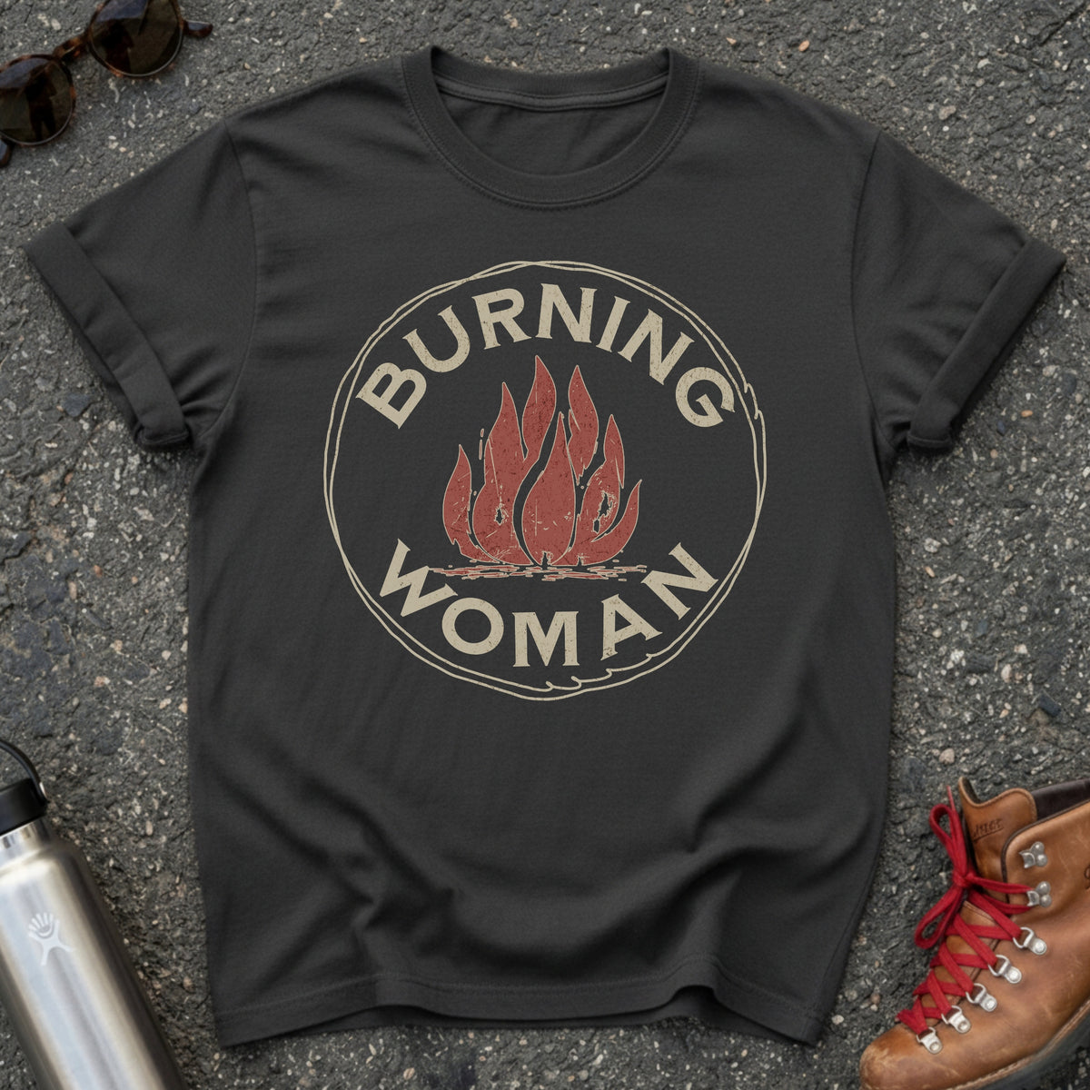 Comfort Colors t-shirt with a distressed red flame in a vintage circle badge and the words Burning Woman