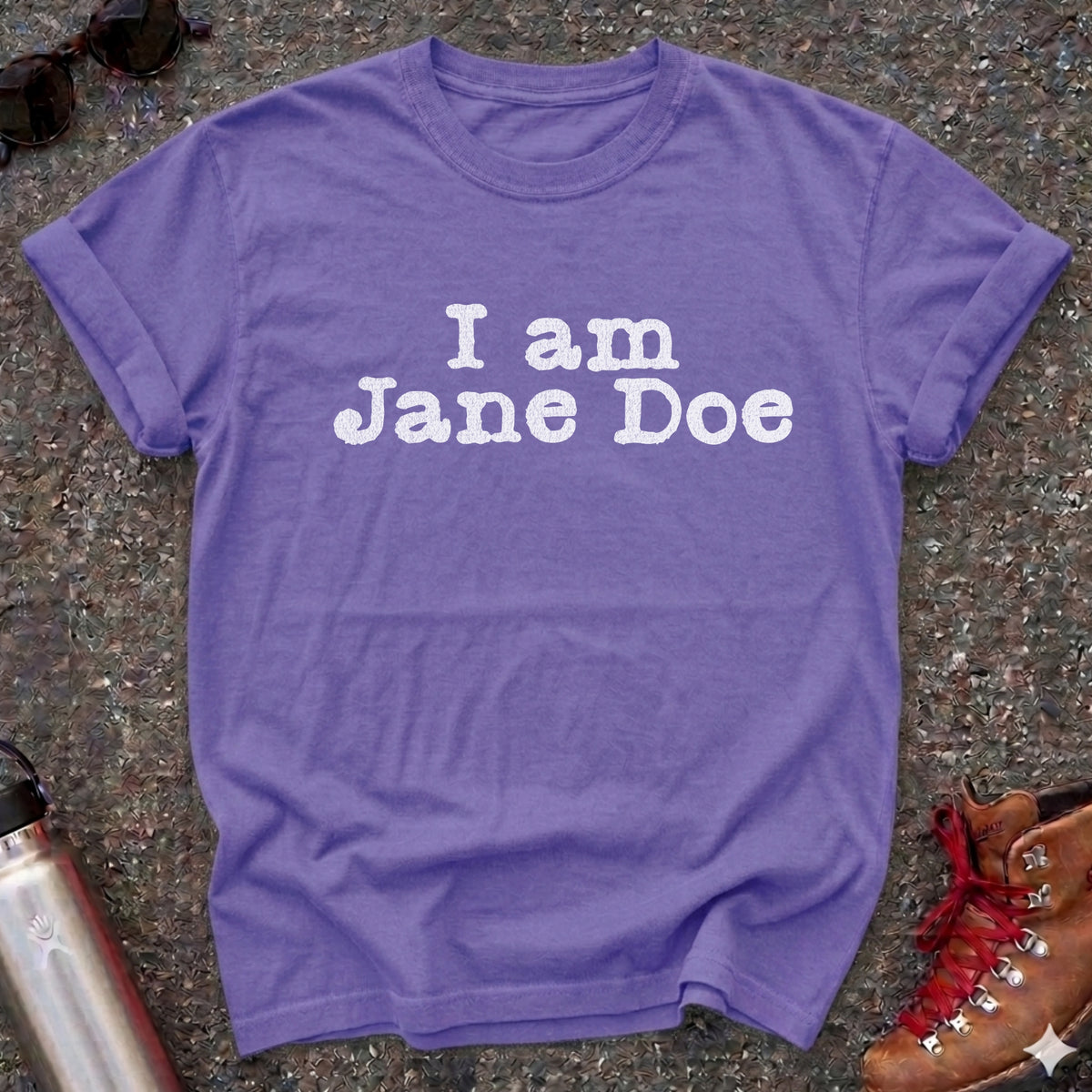 Comfort Colors t-shirt with distressed white typewriter lettering reading I am Jane Doe