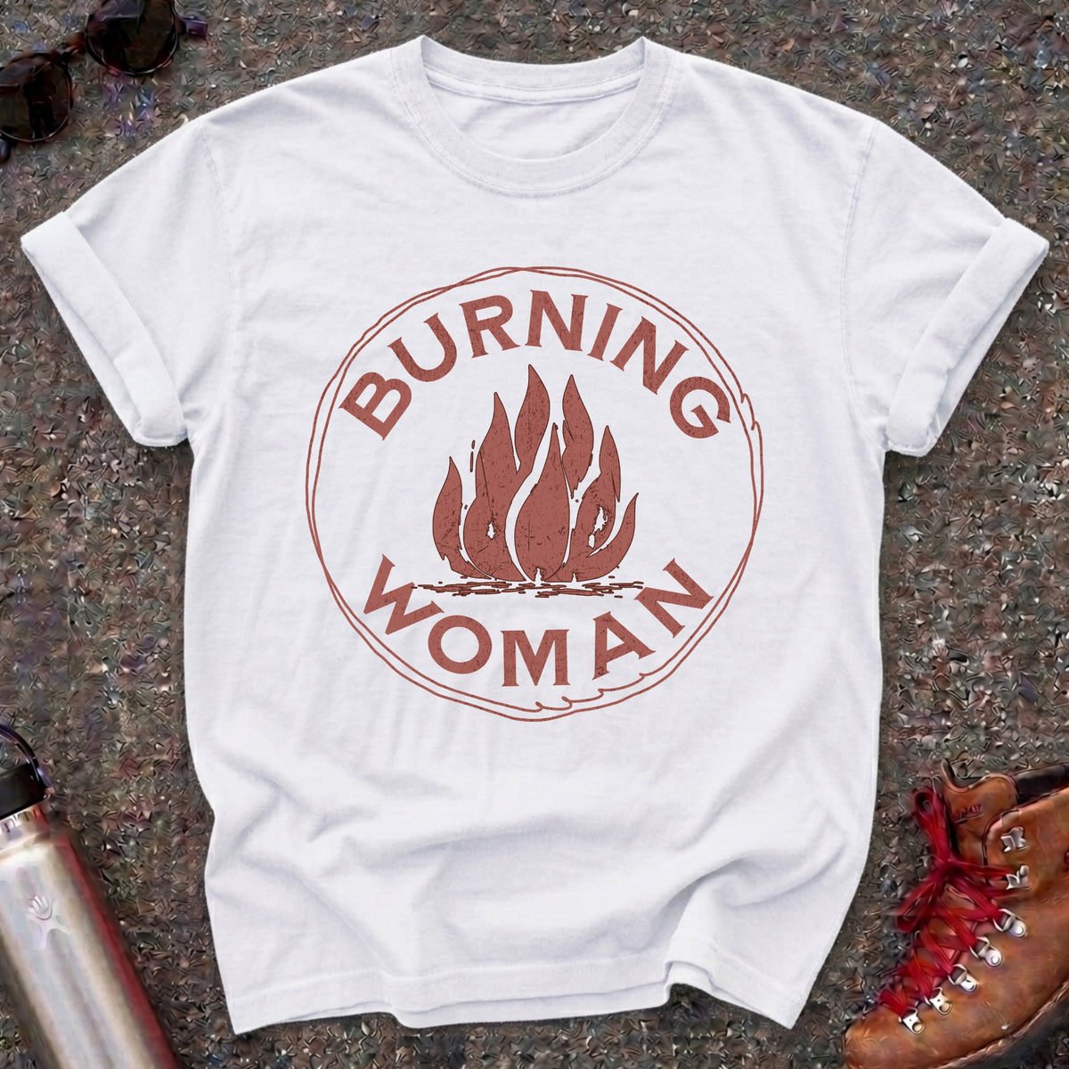 Comfort Colors t-shirt with a distressed red flame in a vintage circle badge and the words Burning Woman