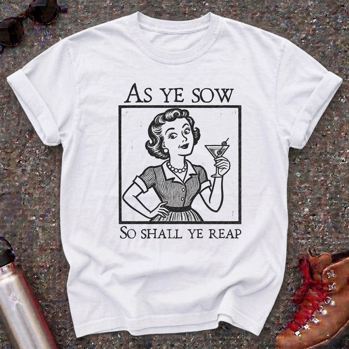 Comfort Colors t-shirt with a retro 1950s housewife raising a martini in vintage woodcut style and the words As Ye Sow So Shall Ye Reap